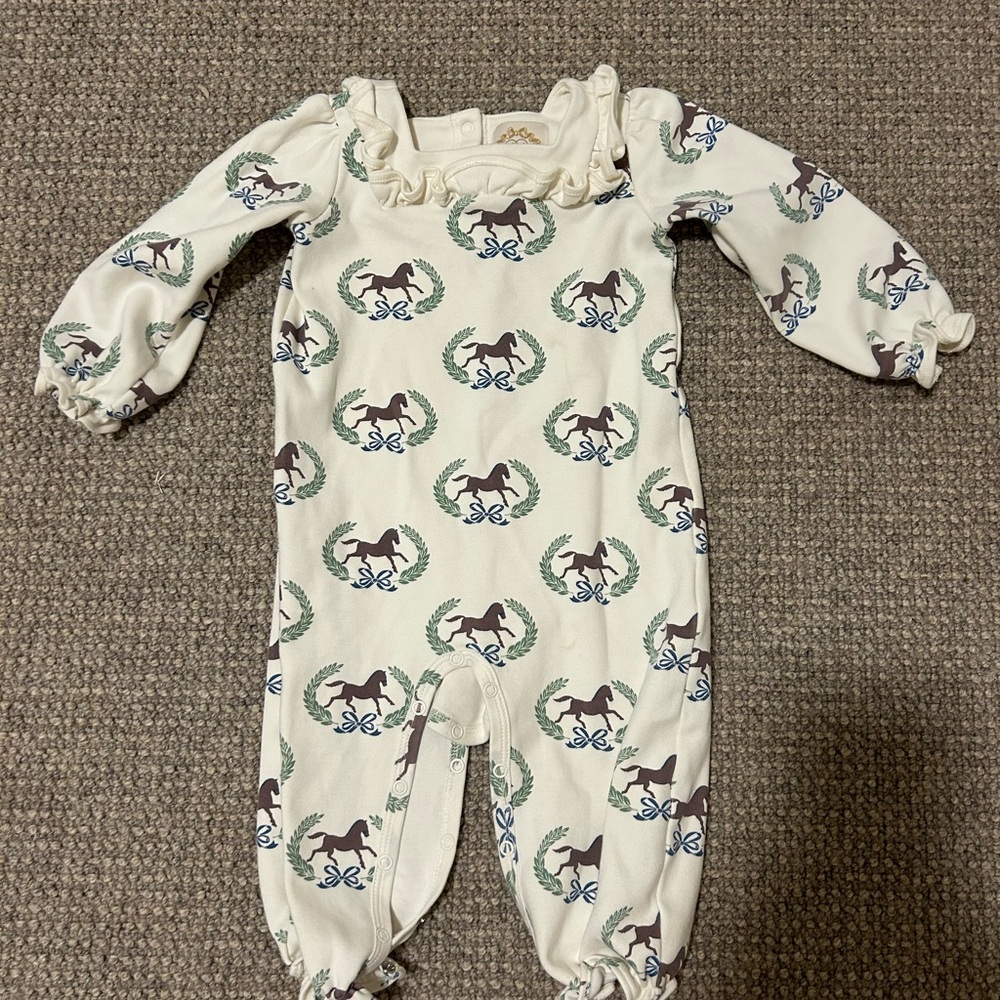 The Beaufort Bonnet Company Cream and Green Horse Print Footie